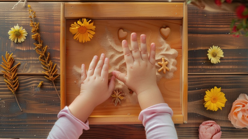 Montessori school sensory box teaching concept with child s hands from above